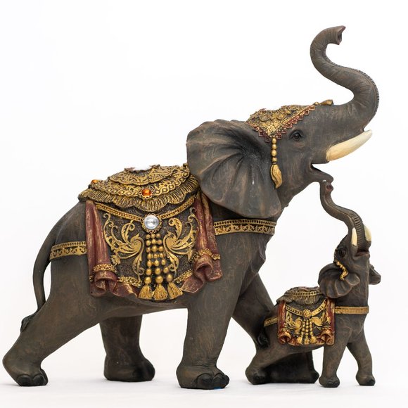 Dalax-Mama and Baby Elephants Statue Figurines Home Decor Trunk Facing Upwards - Picture 1 of 7
